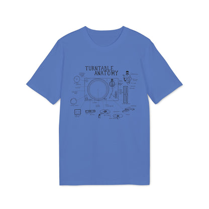 Blue t-shirt with "Turntable Anatomy" diagram labeling components and controls.
