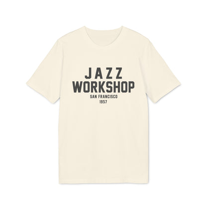 Cream t-shirt with black text "JAZZ WORKSHOP SAN FRANCISCO 1957".
