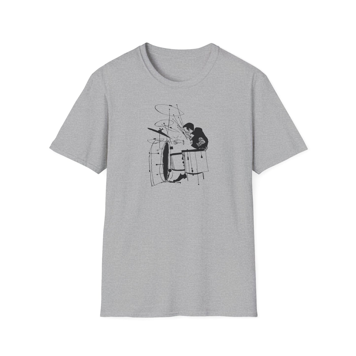 Grey t-shirt with black line art illustration of a drummer playing drums.
