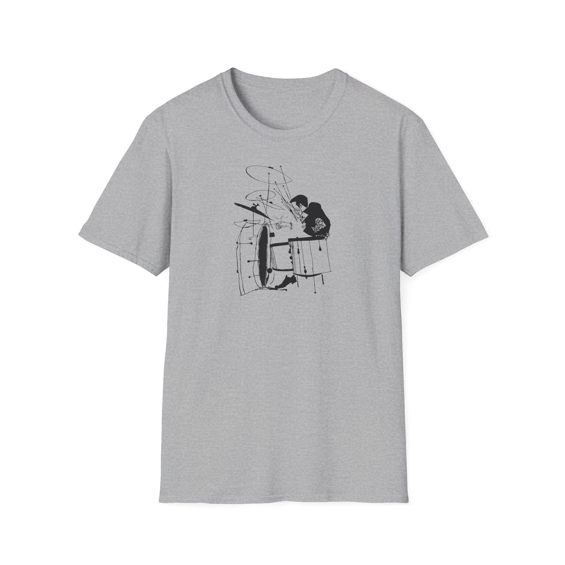 Grey t-shirt with black line art illustration of a drummer playing drums.