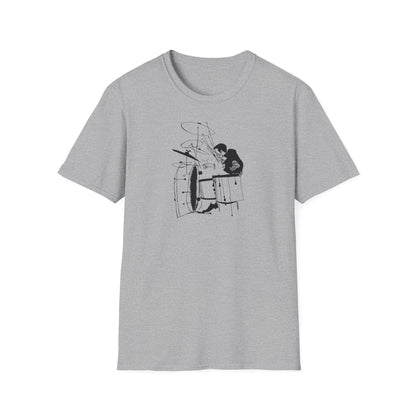 Grey t-shirt with black line art illustration of a drummer playing drums.