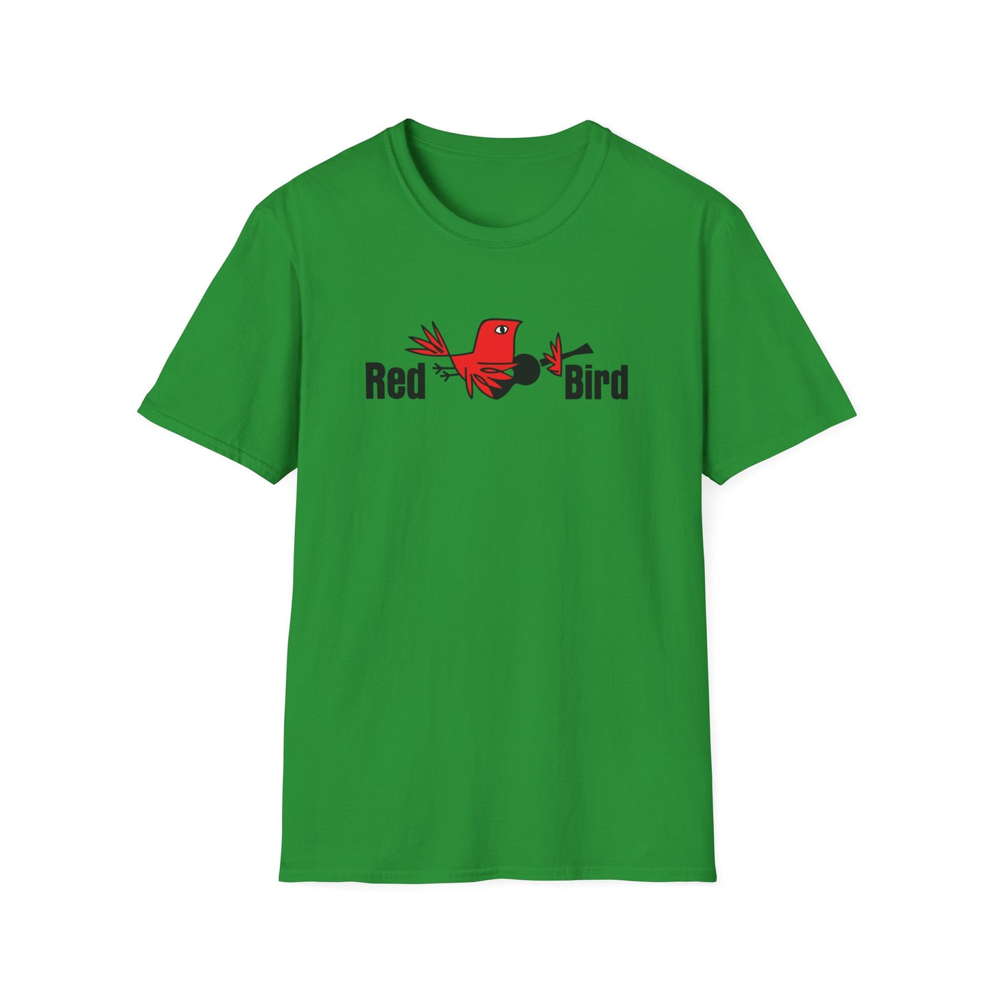 Green t-shirt with a red bird graphic and the text "Red Bird".