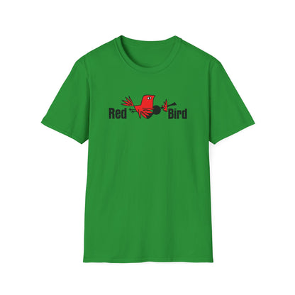 Green t-shirt with a red bird graphic and the text "Red Bird".