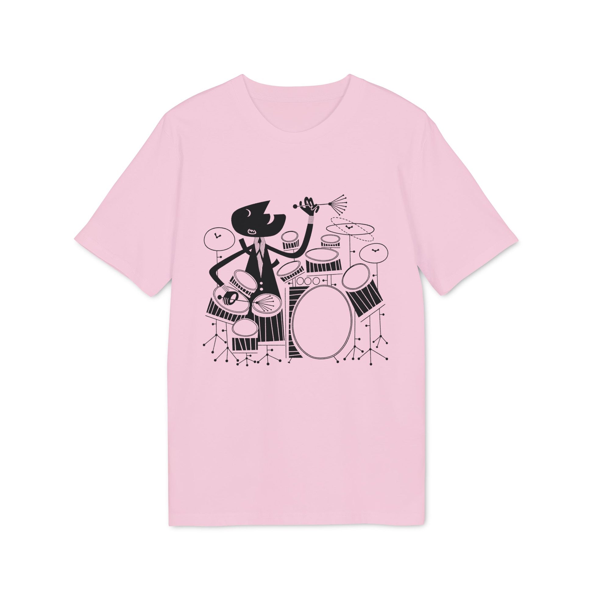 Black graphic of a drummer in a suit playing a drum set on a pink t-shirt.