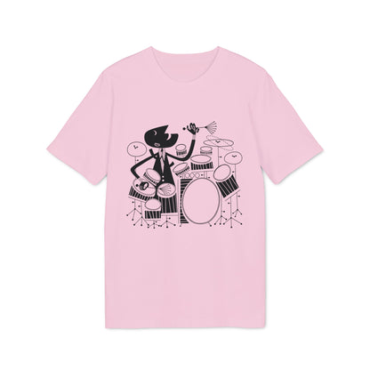 Black graphic of a drummer in a suit playing a drum set on a pink t-shirt.
