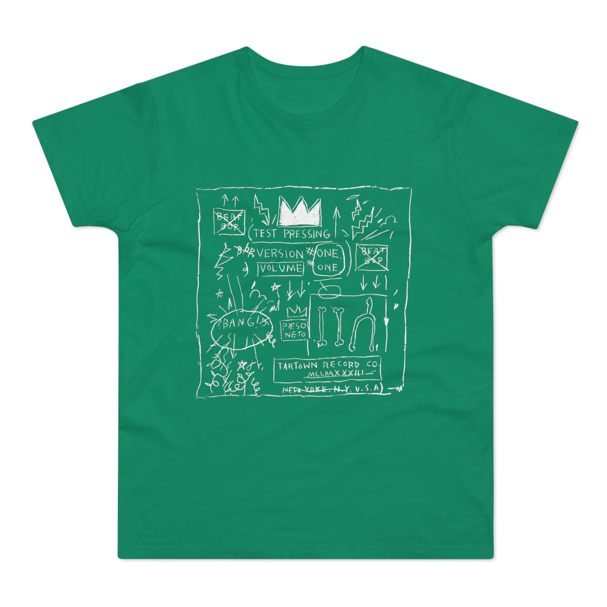 Green t-shirt with white line drawing of crown, text, and abstract symbols.