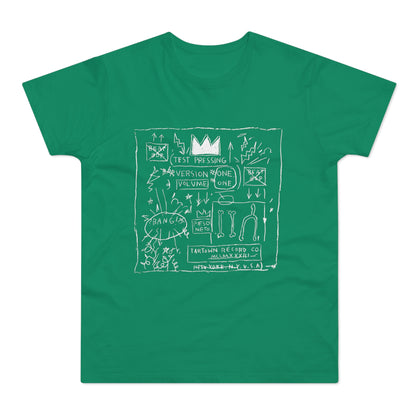 Green t-shirt with white line drawing of crown, text, and abstract symbols.