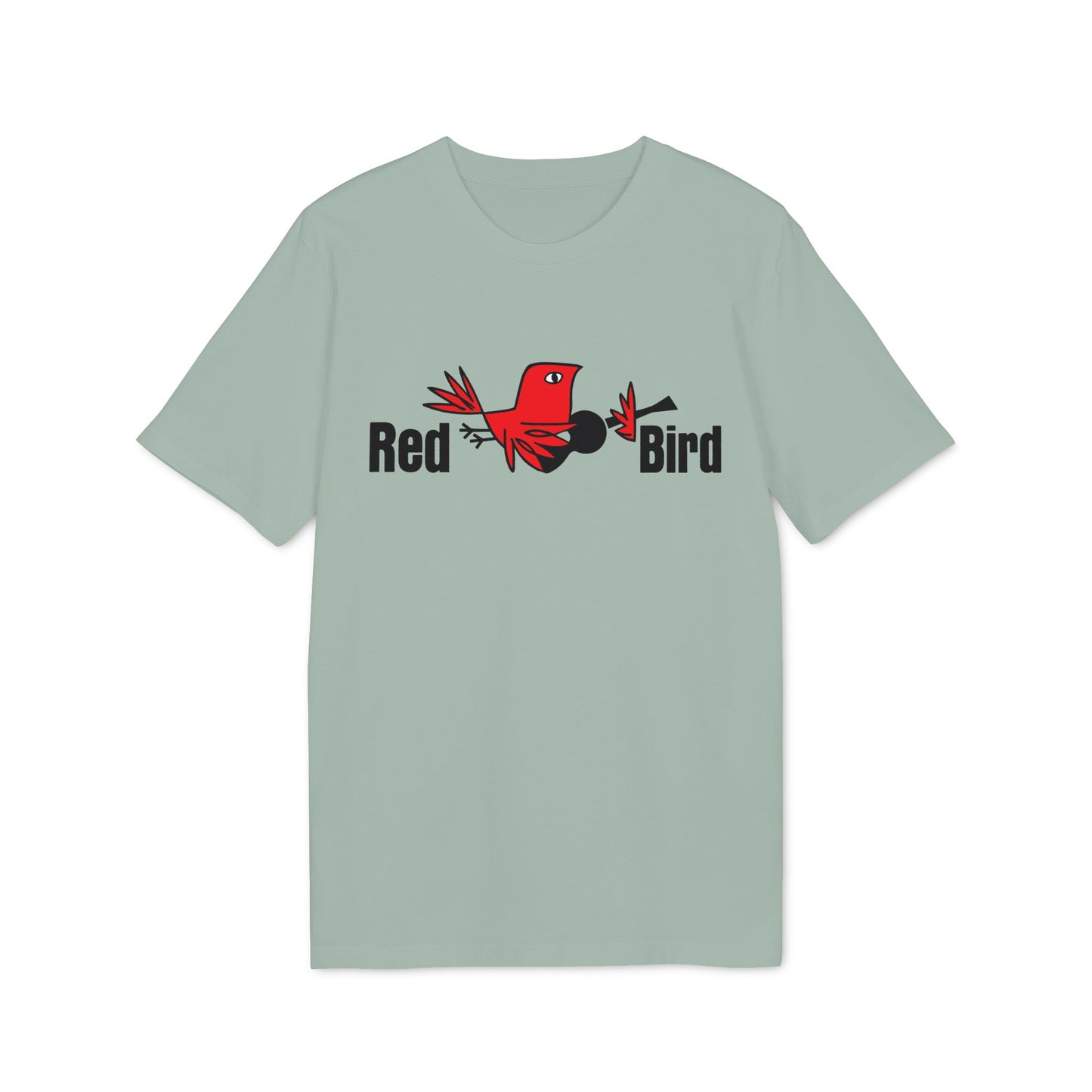Light gray t-shirt with "Red Bird" text and a cartoon red bird with a guitar.