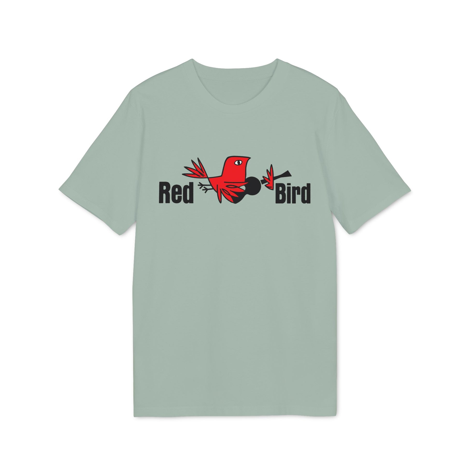 Light gray t-shirt with "Red Bird" text and a cartoon red bird with a guitar.