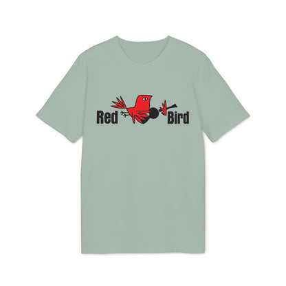 Light gray t-shirt with "Red Bird" text and a cartoon red bird with a guitar.
