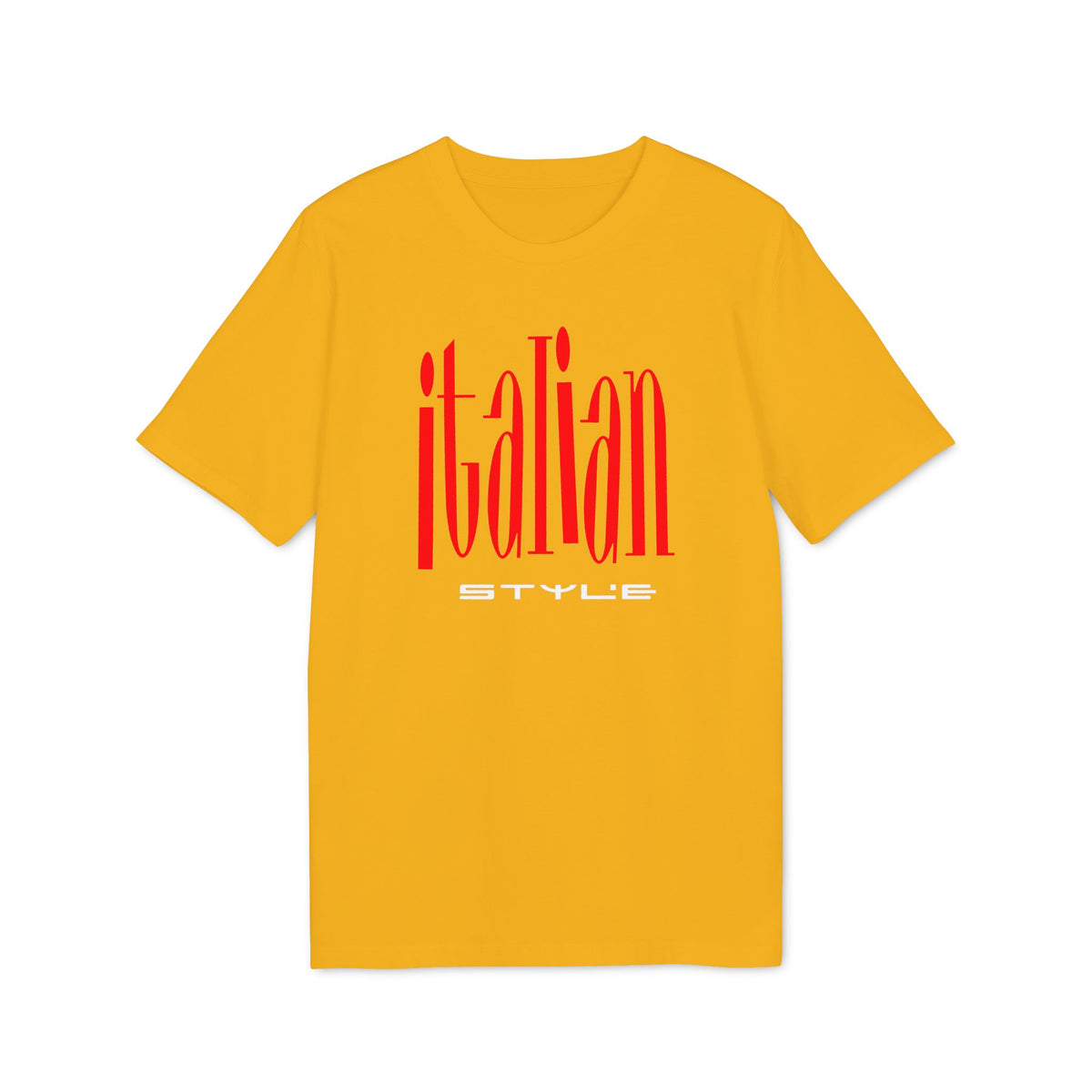 Gold short-sleeve crewneck t-shirt featuring the word "italian" in tall red letters above "STYLE" in white.