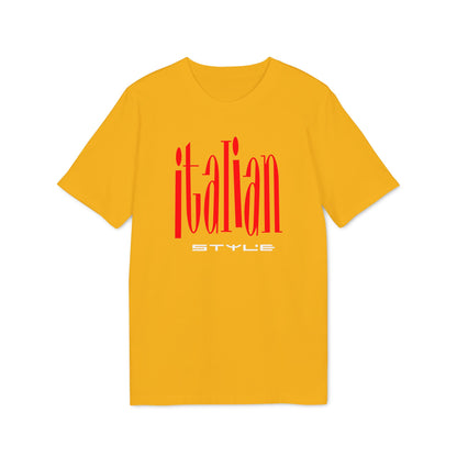 Gold short-sleeve crewneck t-shirt featuring the word "italian" in tall red letters above "STYLE" in white.