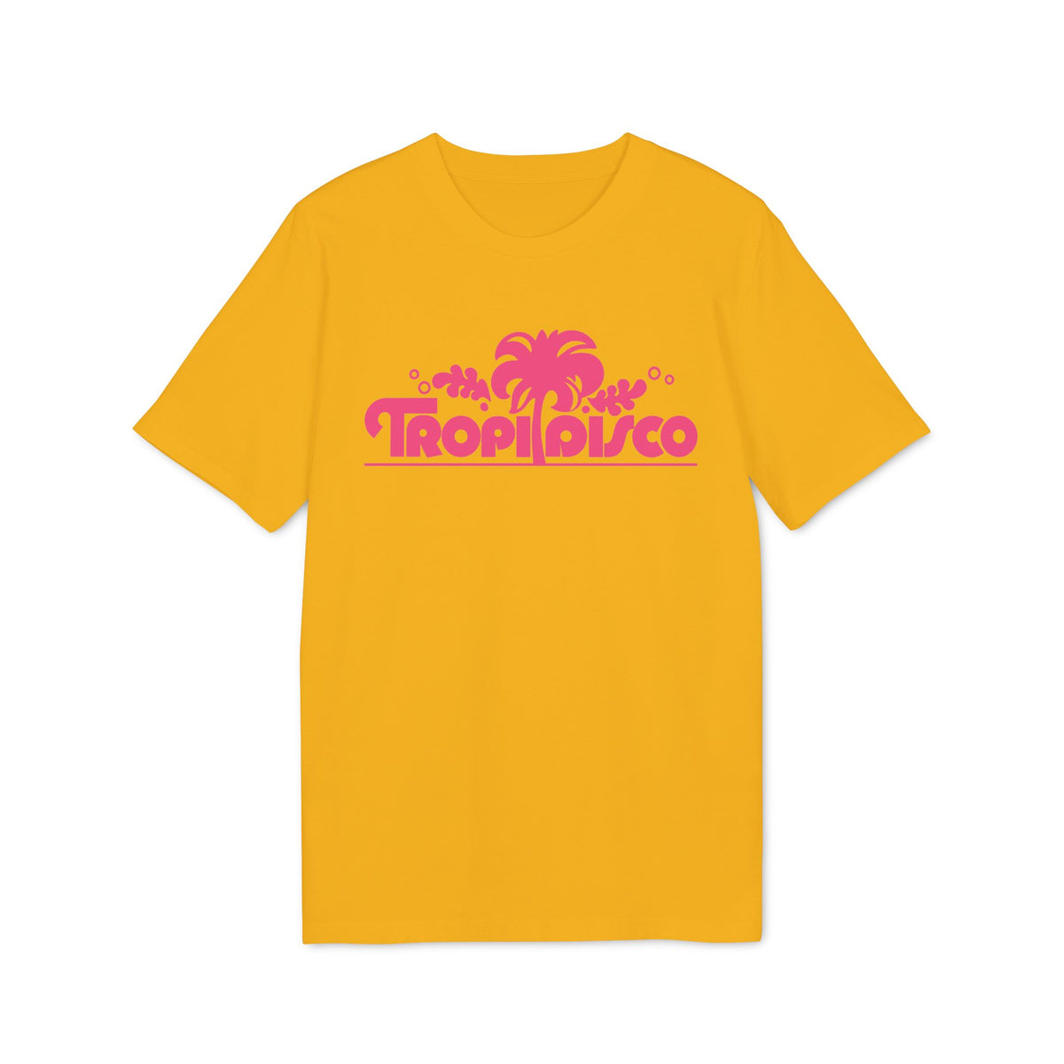 A mustard yellow short-sleeve t-shirt with a pink graphic featuring palm trees and the text Tropi Disco.