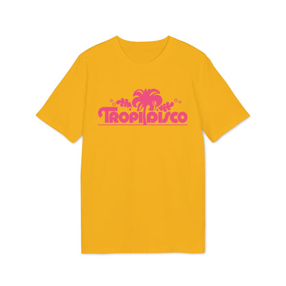 A mustard yellow short-sleeve t-shirt with a pink graphic featuring palm trees and the text Tropi Disco.
