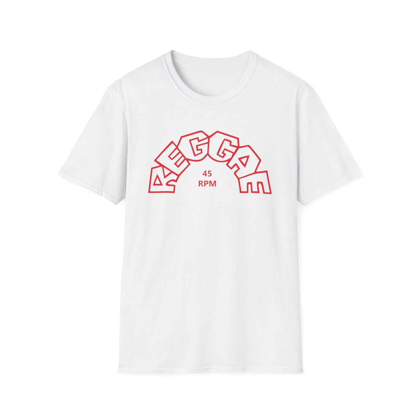 White t-shirt with red "REGGAE" text and "45 RPM" graphic.