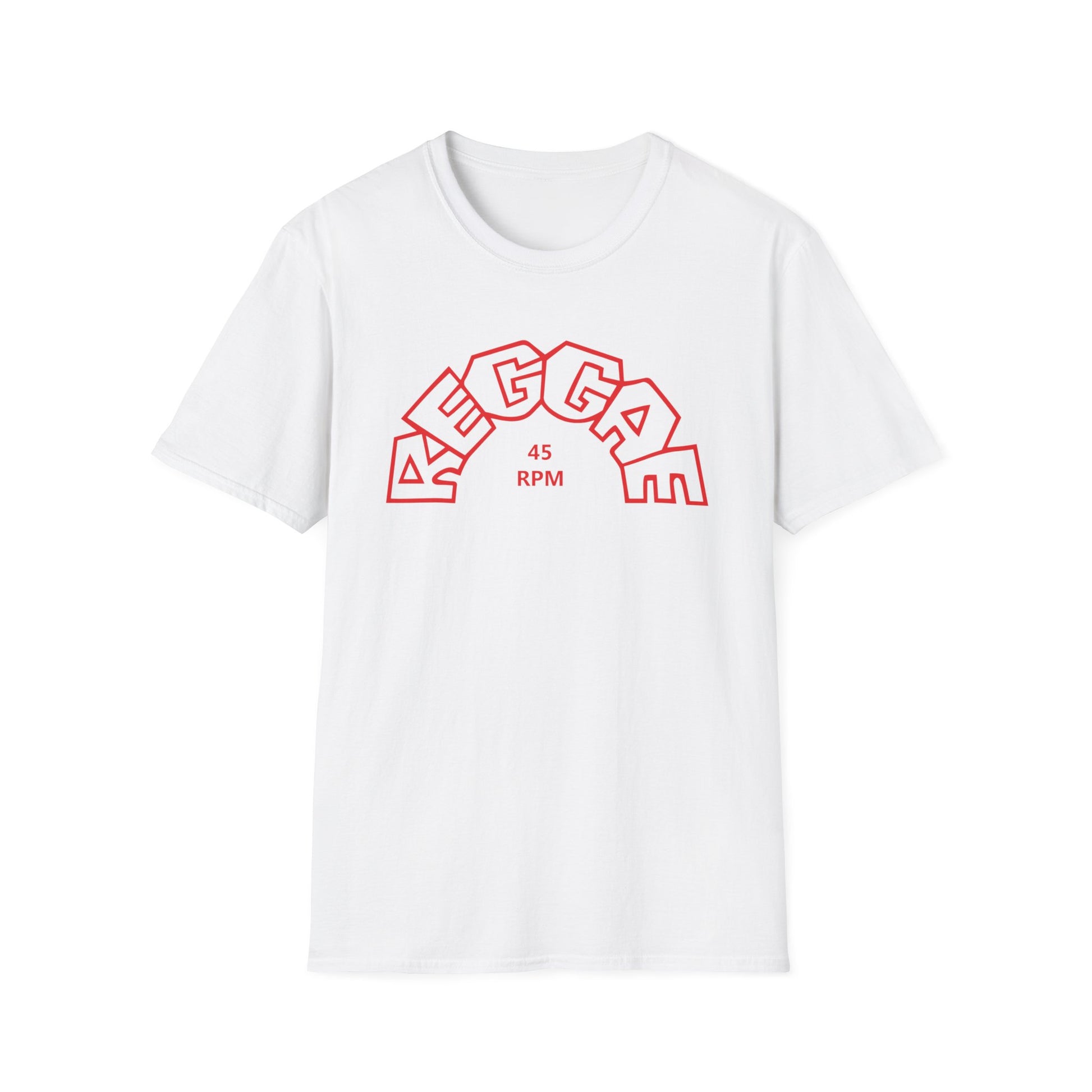 White t-shirt with red "REGGAE" text and "45 RPM" graphic.