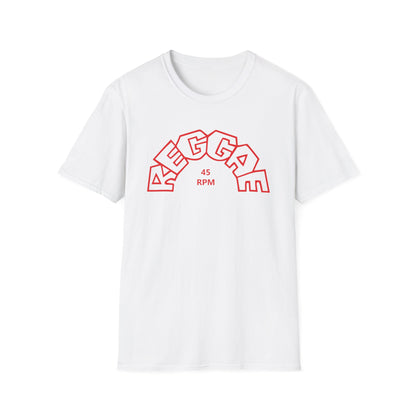 White t-shirt with red "REGGAE" text and "45 RPM" graphic.