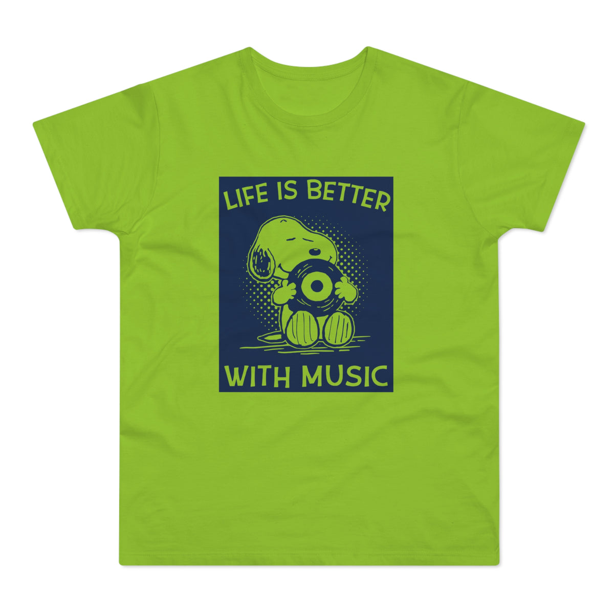 Snoopy the dog holds a vinyl record with the text "LIFE IS BETTER WITH MUSIC".