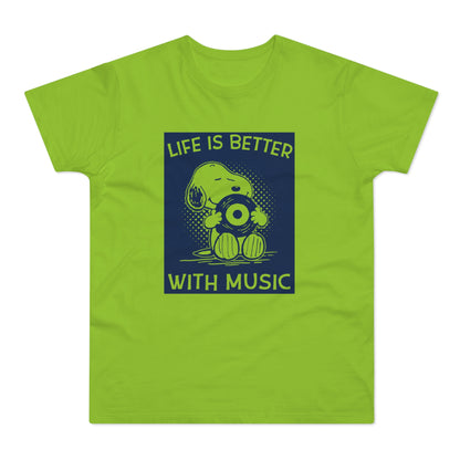 Snoopy the dog holds a vinyl record with the text "LIFE IS BETTER WITH MUSIC".