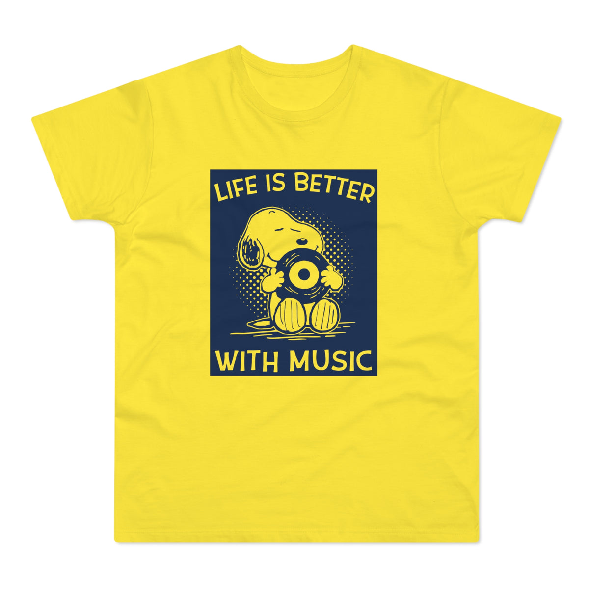 Yellow t-shirt with Snoopy holding a vinyl record and text "LIFE IS BETTER WITH MUSIC."