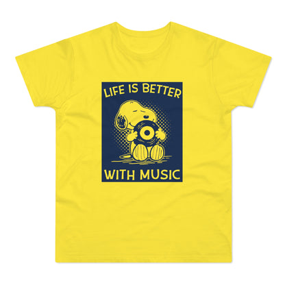Yellow t-shirt with Snoopy holding a vinyl record and text "LIFE IS BETTER WITH MUSIC."