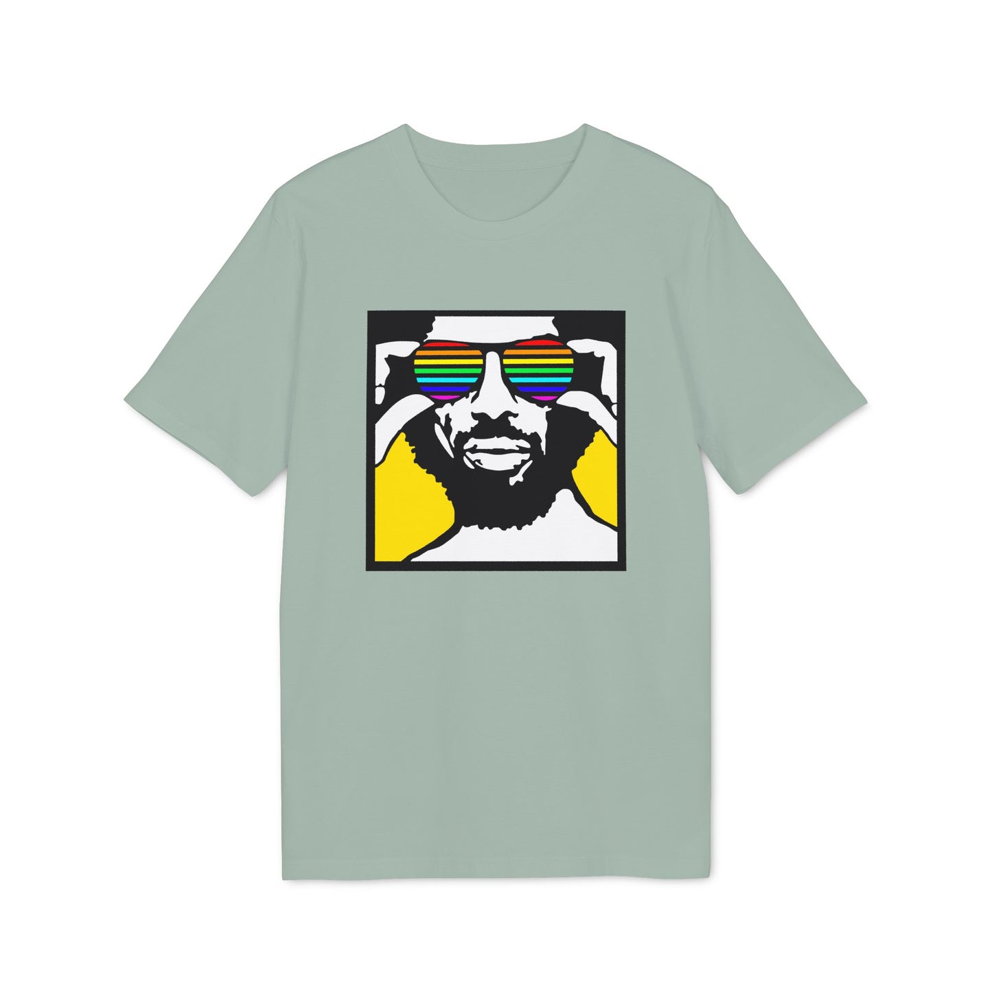 A graphic of a person wearing rainbow sunglasses against a yellow background.