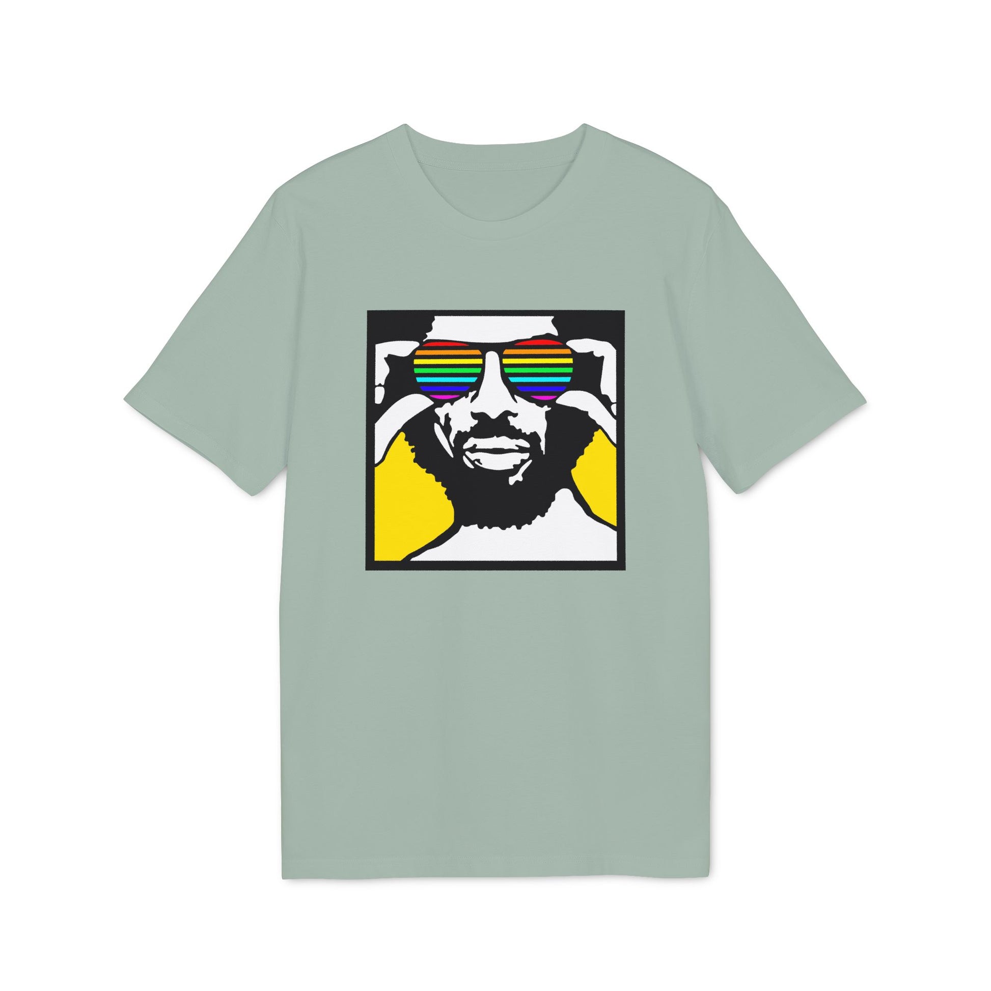 A graphic of a person wearing rainbow sunglasses against a yellow background.