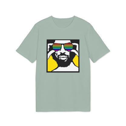 A graphic of a person wearing rainbow sunglasses against a yellow background.