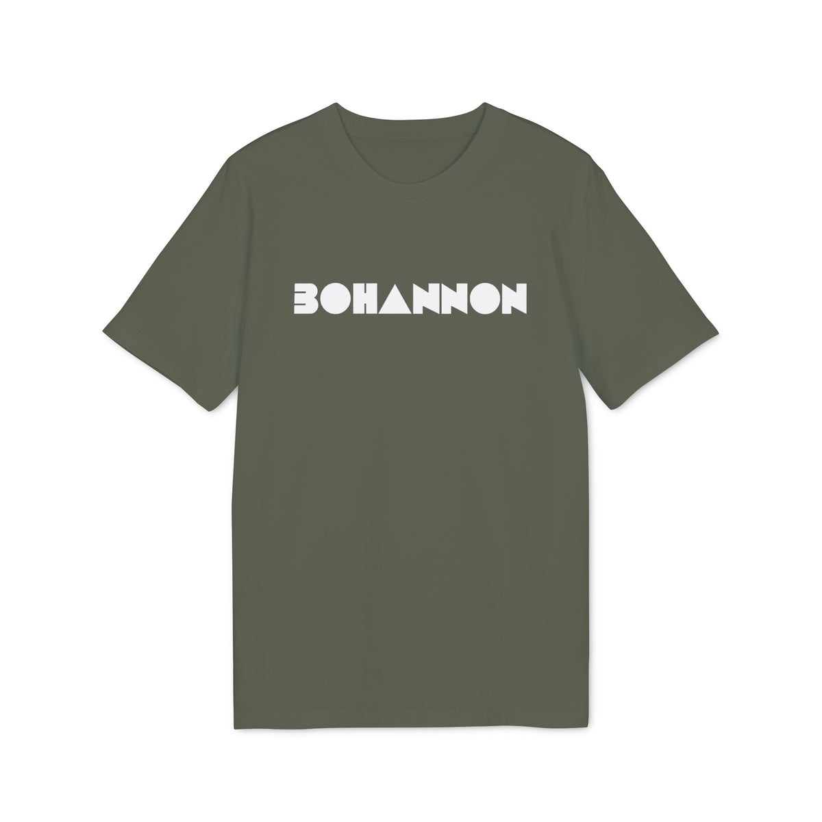 Olive green crewneck t-shirt featuring the white geometric text BOHANNON centered across the chest.