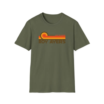 Olive t-shirt with "Roy Ayers" and "Everybody Loves The Sunshine" text and retro design.
