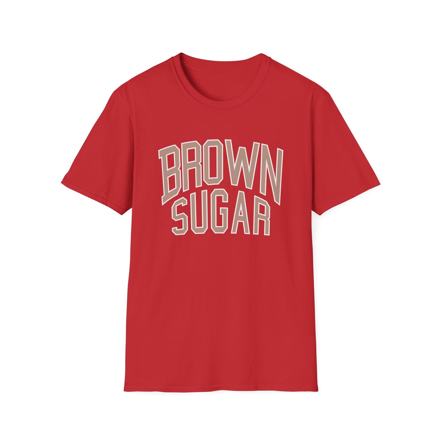 Red t-shirt with cream and brown "BROWN SUGAR" text.
