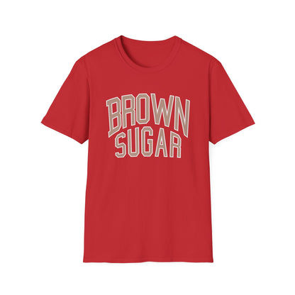 Red t-shirt with cream and brown "BROWN SUGAR" text.