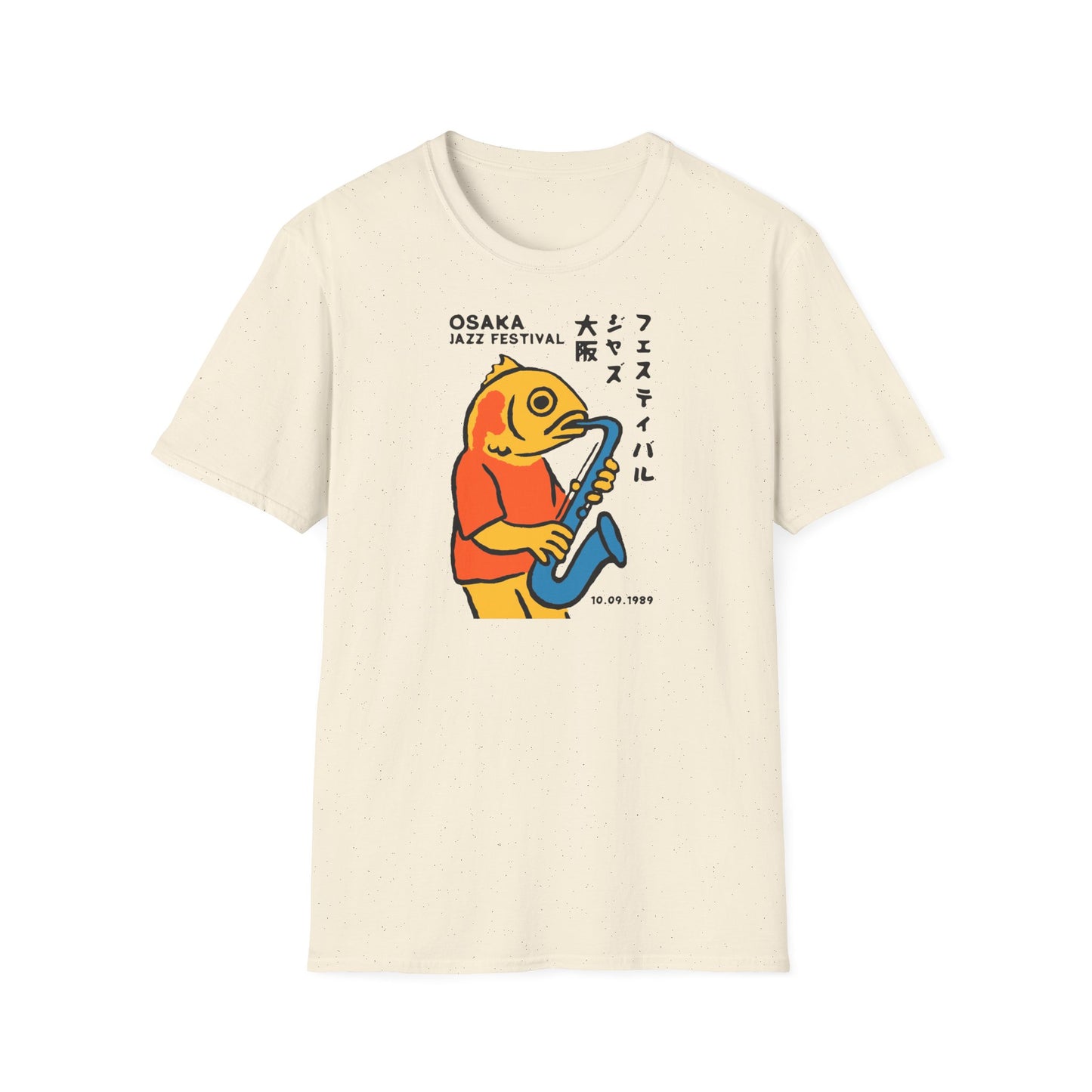 Cream t-shirt with a cartoon fish playing a saxophone, text "OSAKA JAZZ FESTIVAL 10.09.1989".