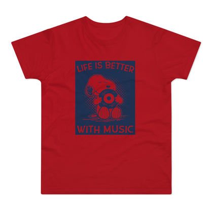 Red t-shirt featuring Snoopy holding a vinyl record with text "Life is Better With Music".
