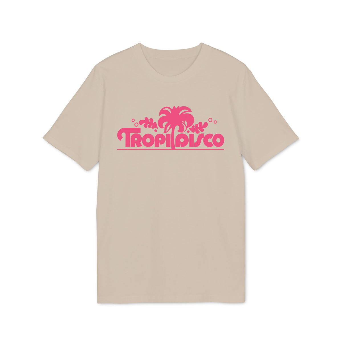 Beige short-sleeve t-shirt with a pink graphic on the chest reading TROPI DISCO beneath a palm tree.