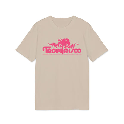 Beige short-sleeve t-shirt with a pink graphic on the chest reading TROPI DISCO beneath a palm tree.