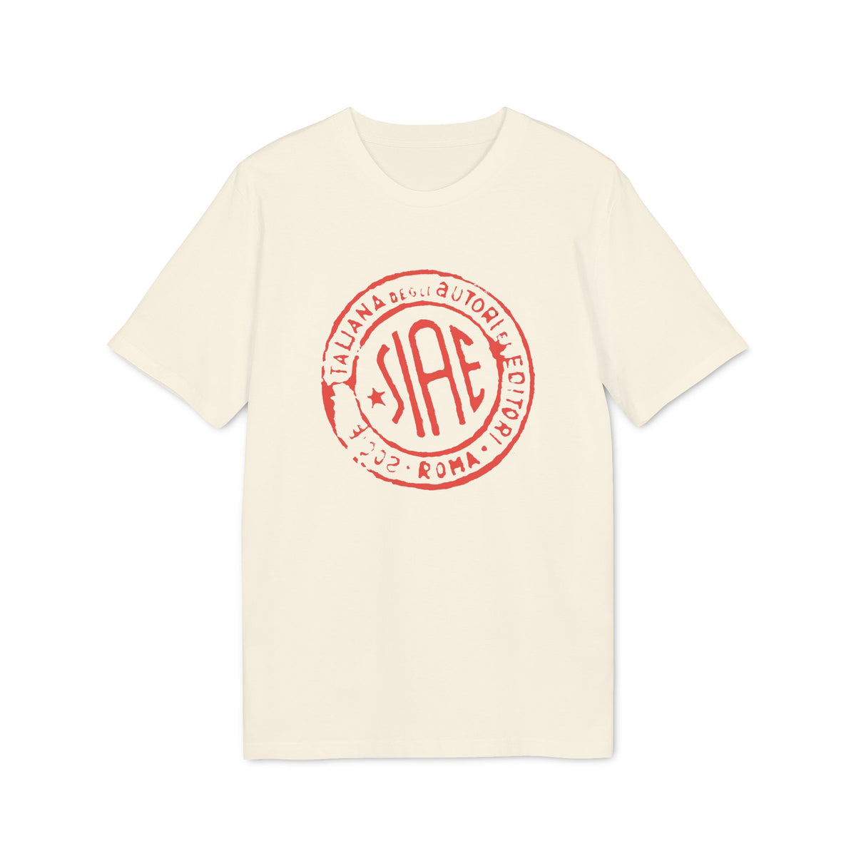 An off-white short-sleeve t-shirt with a red circular stamp graphic that features text and the letters SIAE.