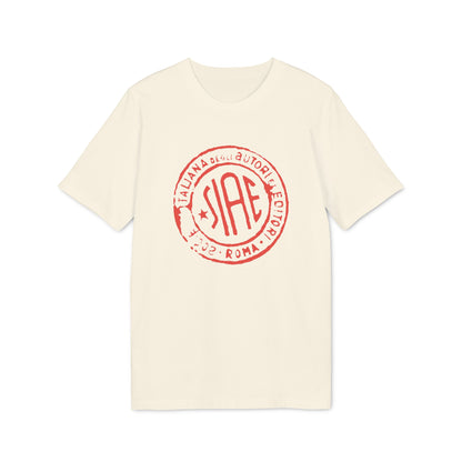 An off-white short-sleeve t-shirt with a red circular stamp graphic that features text and the letters SIAE.
