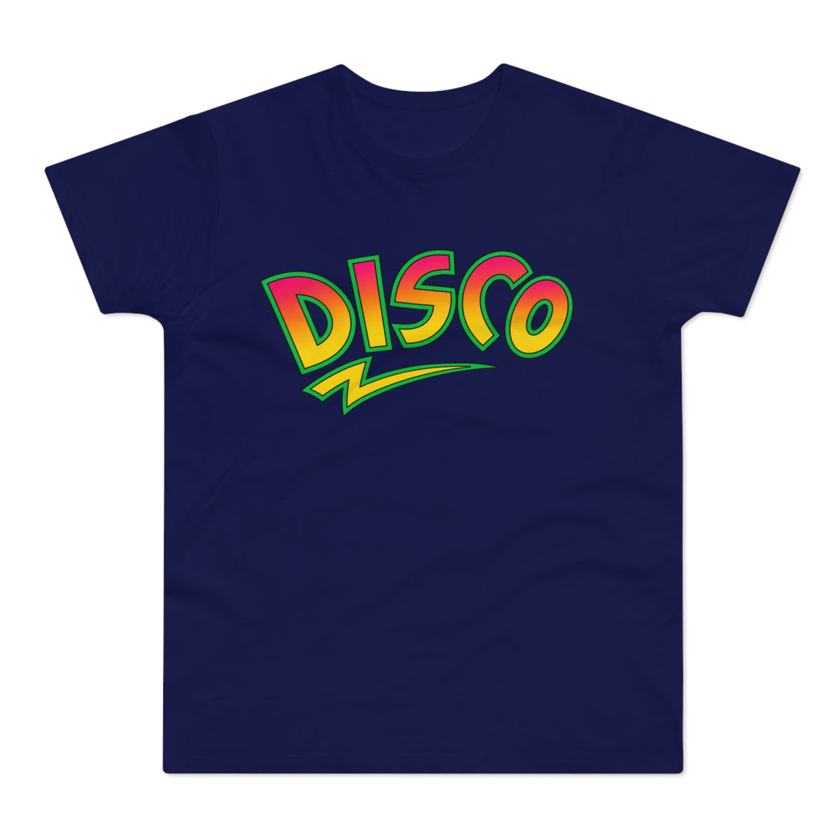 Navy blue t-shirt with a vibrant "DISCO" graphic and a lightning bolt.