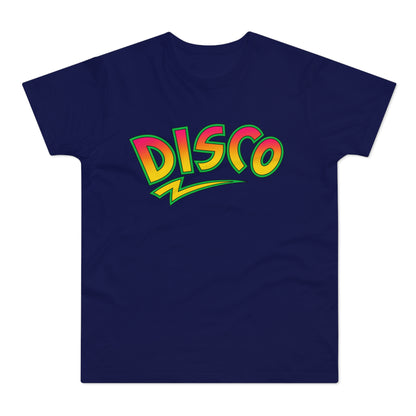 Navy blue t-shirt with a vibrant "DISCO" graphic and a lightning bolt.