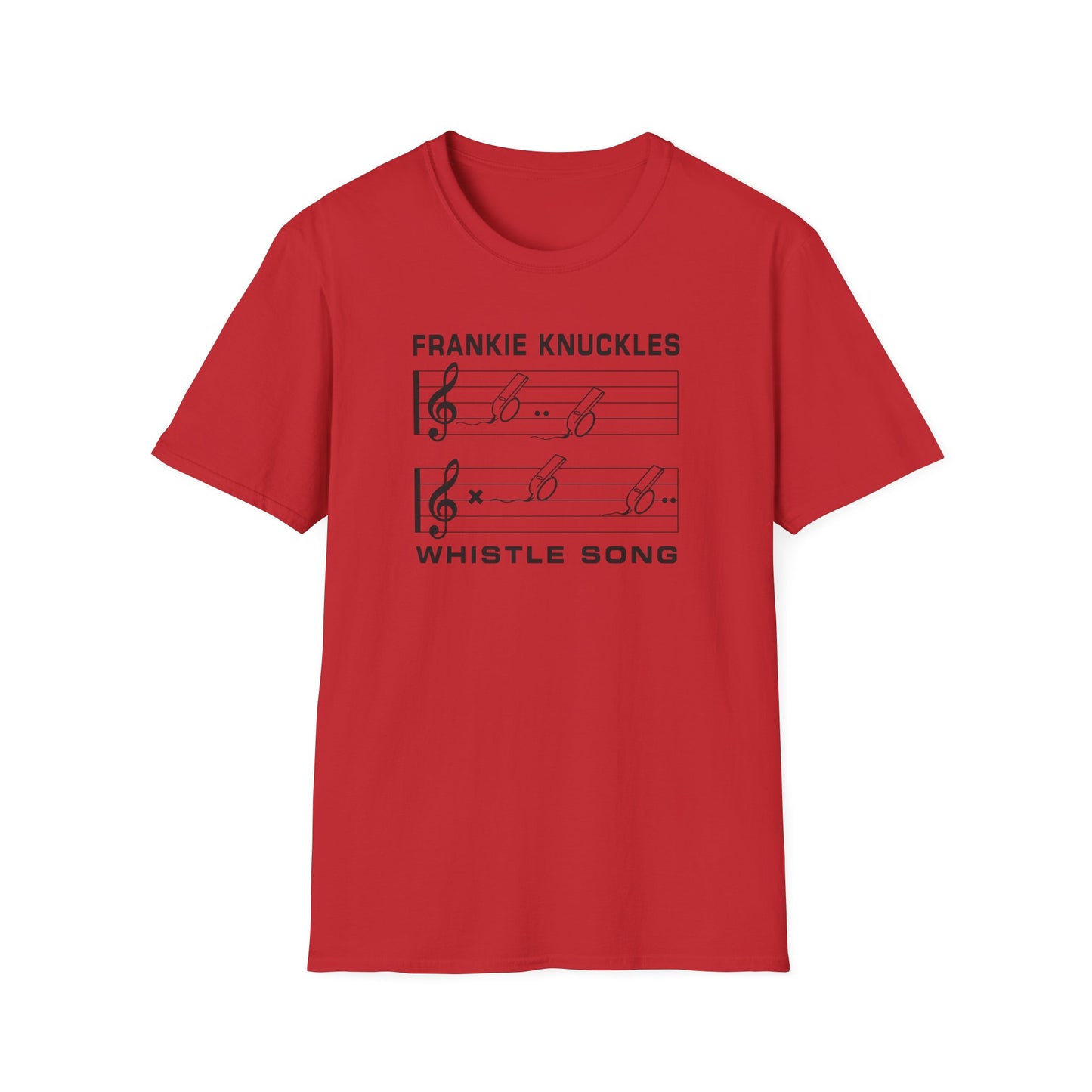 Red t-shirt with black text "WHISTLE SONG" and musical notes.