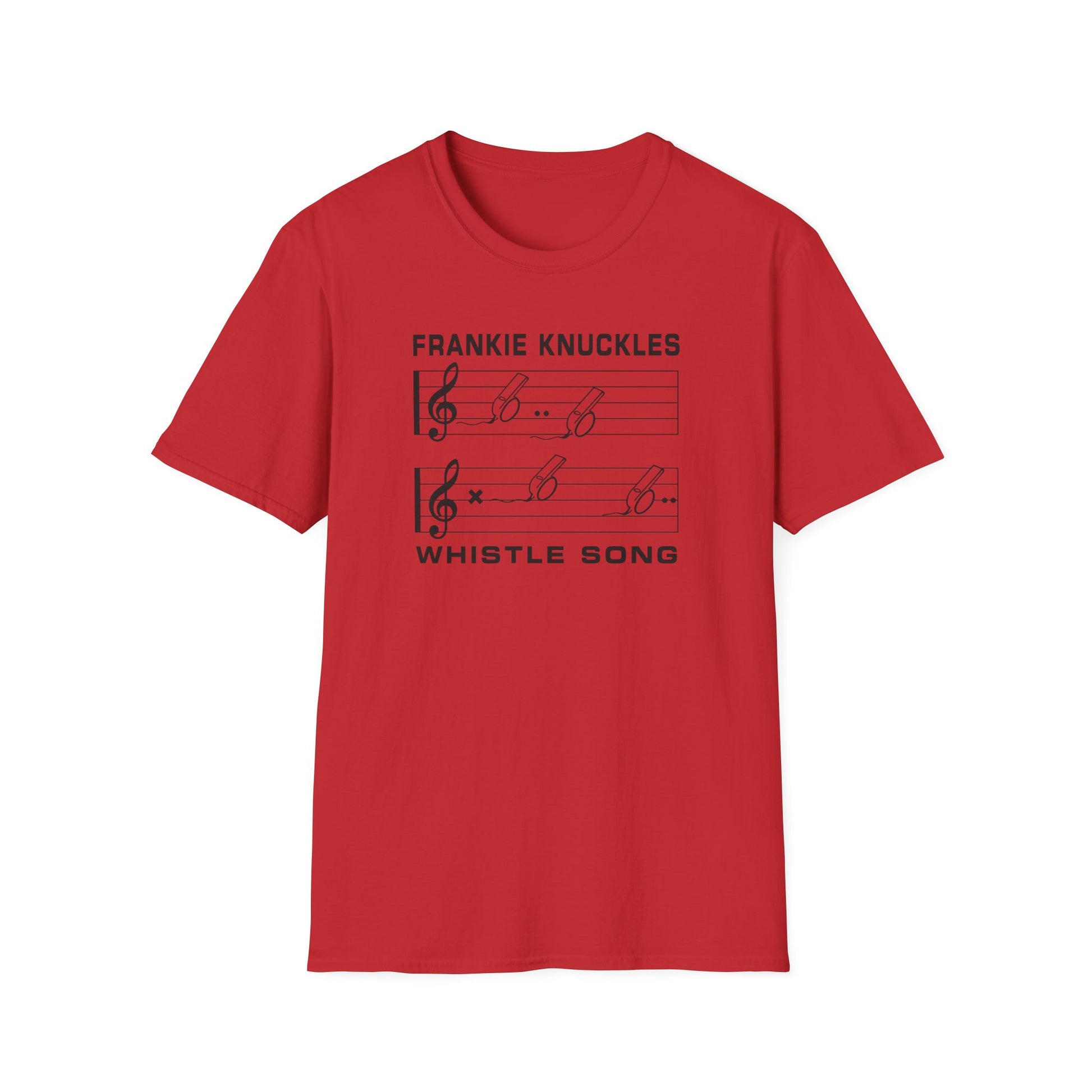 Red t-shirt with black text "WHISTLE SONG" and musical notes.