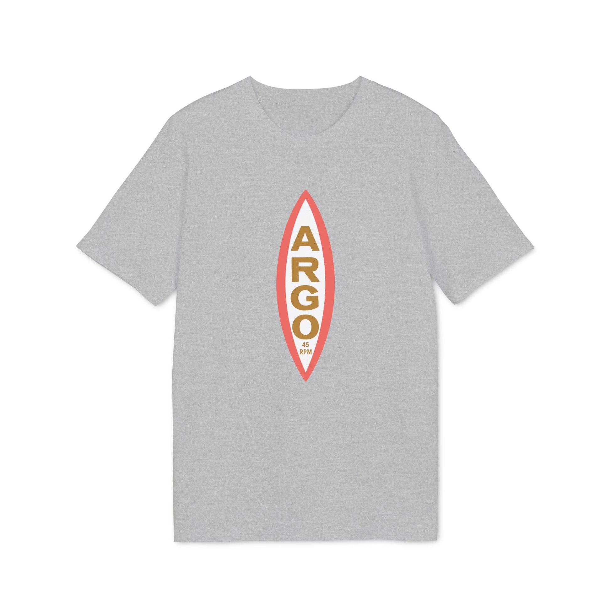 Grey t-shirt with vertical "ARGO" text and "45 RPM" at bottom.