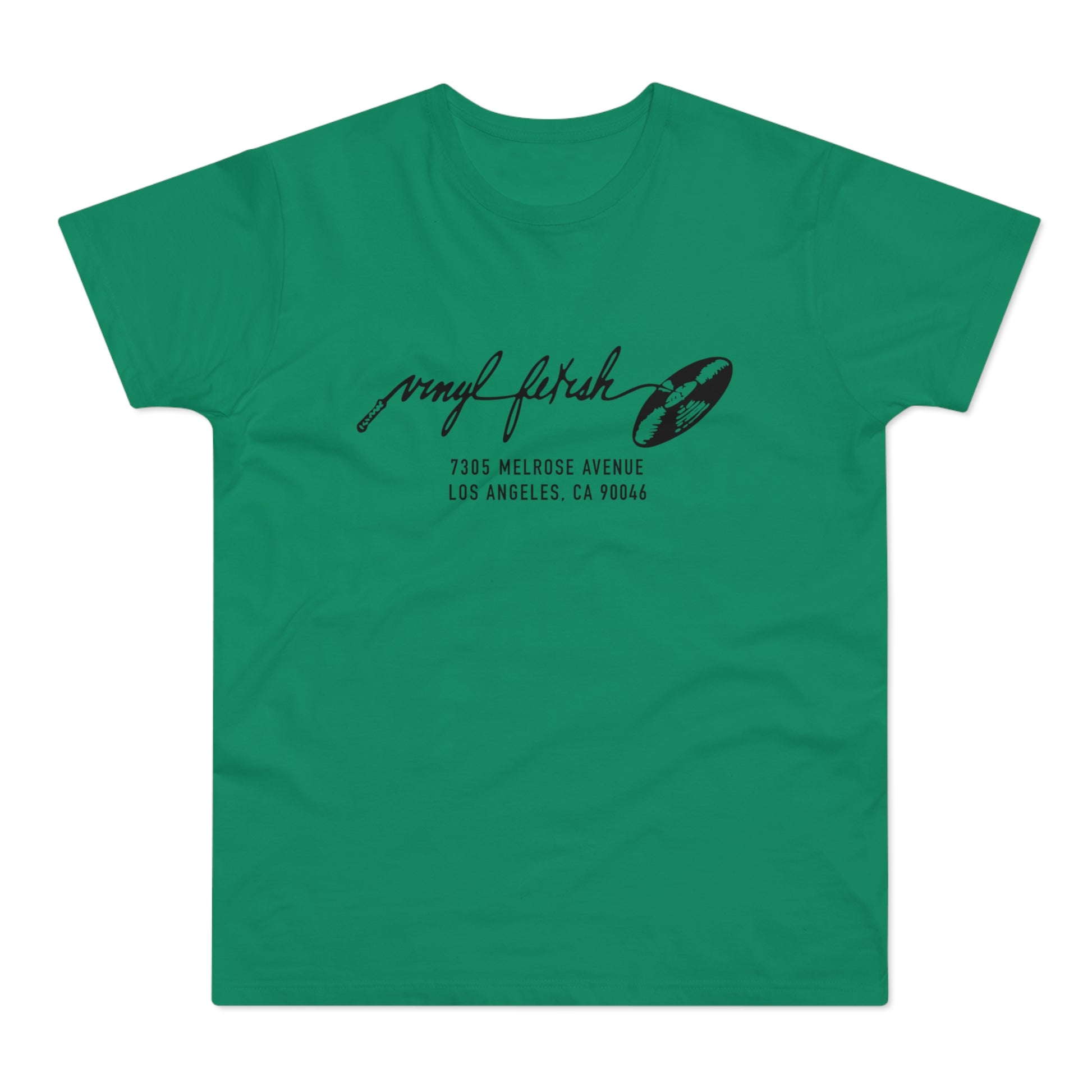 Green t-shirt with "Vinyl Fetish" text, record, and address.