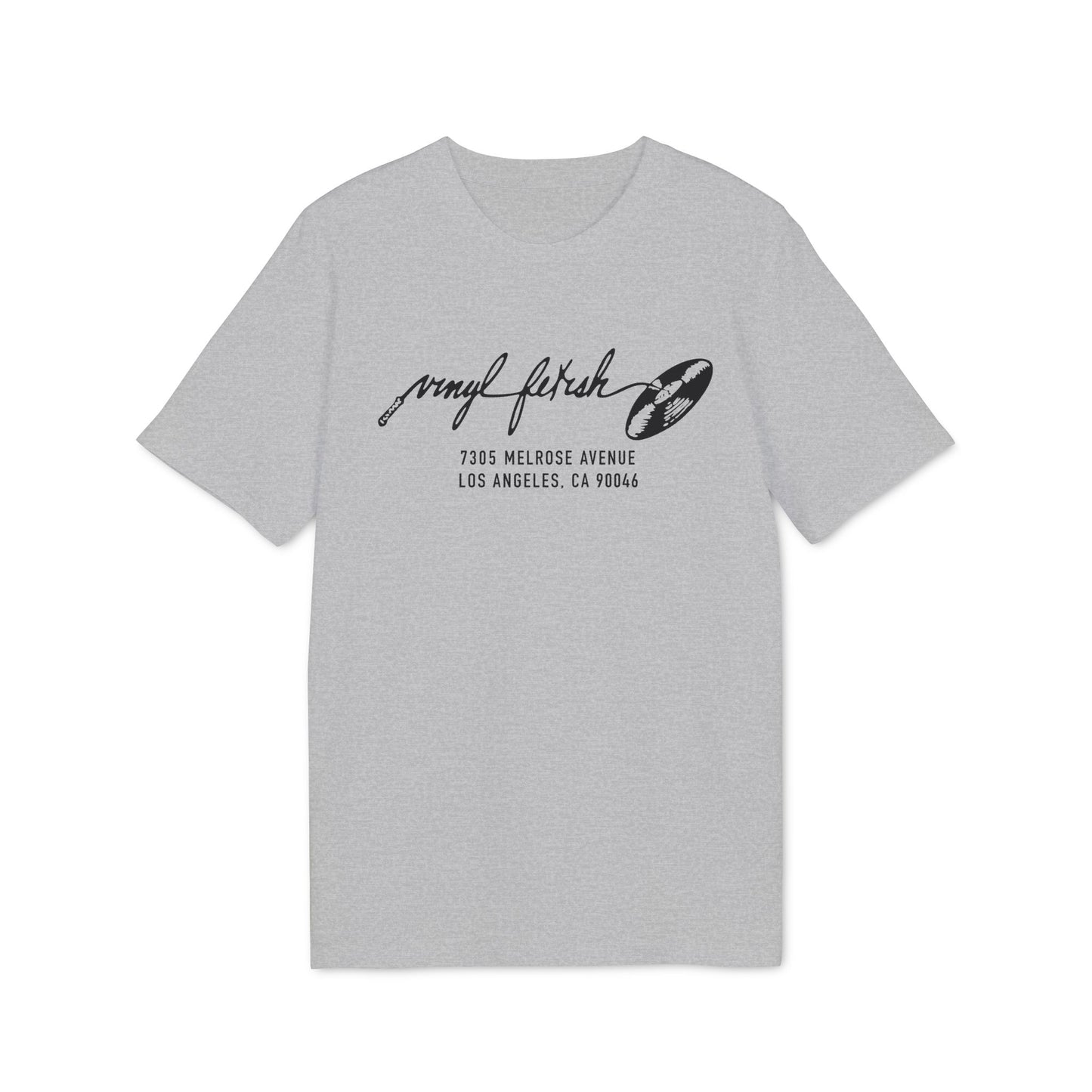 Grey t-shirt with "vinyl fetish" logo and Los Angeles address.