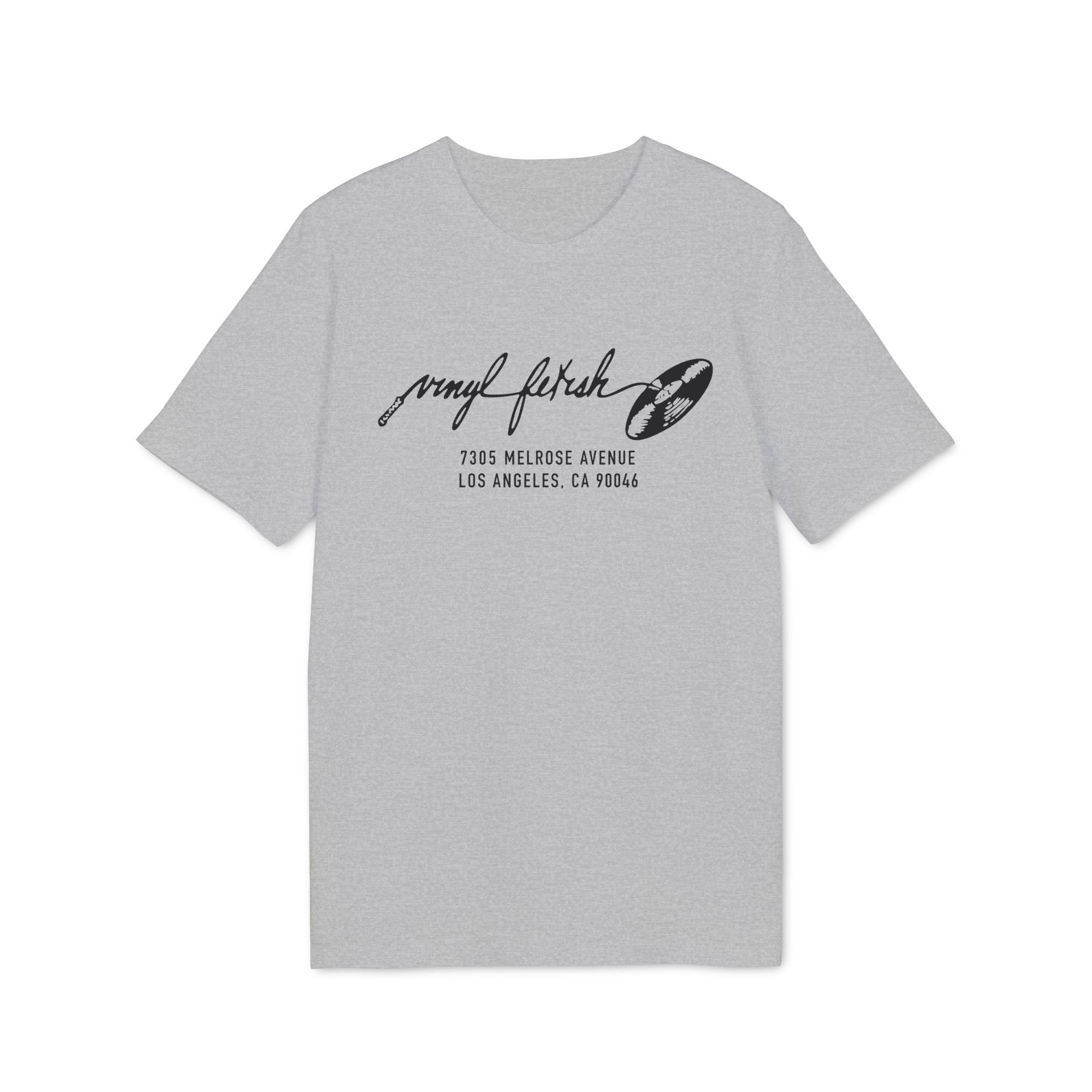 Grey t-shirt with "vinyl fetish" logo and Los Angeles address.