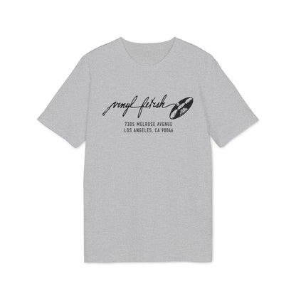 Grey t-shirt with "vinyl fetish" logo and Los Angeles address.