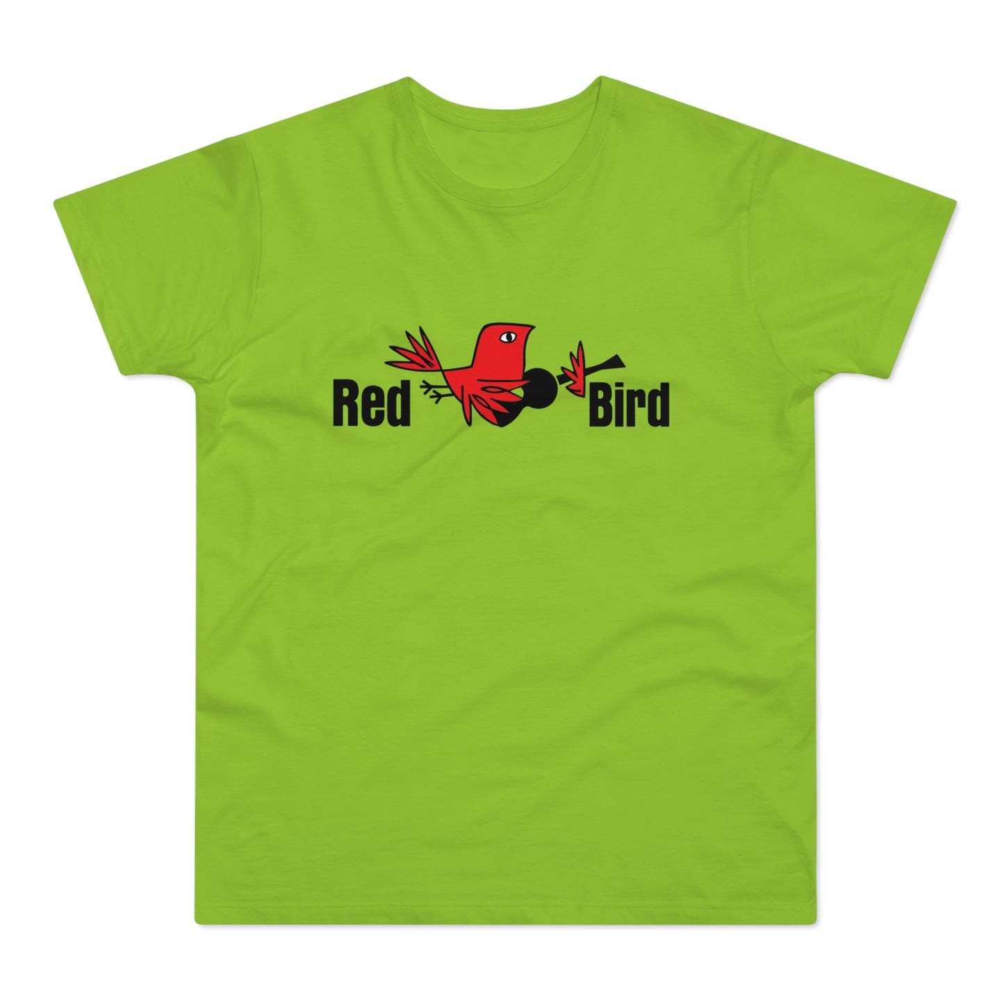 Green t-shirt with black text "Red Bird" and a red bird wearing a banjo.