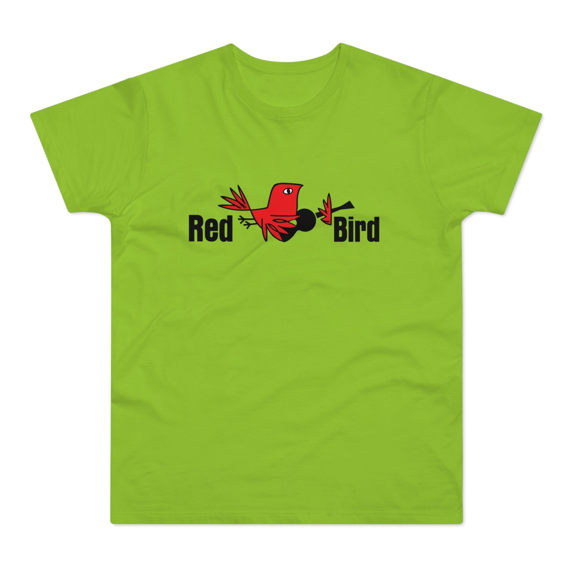 Green t-shirt with black text "Red Bird" and a red bird wearing a banjo.