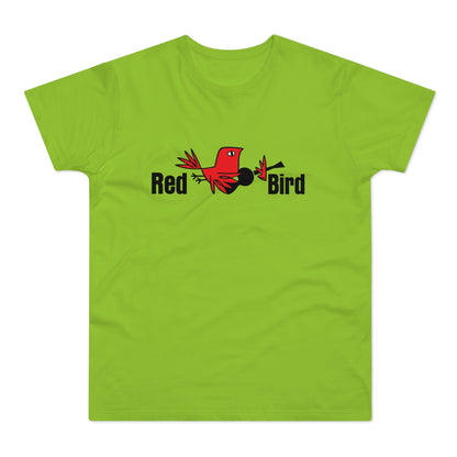 Green t-shirt with black text "Red Bird" and a red bird wearing a banjo.